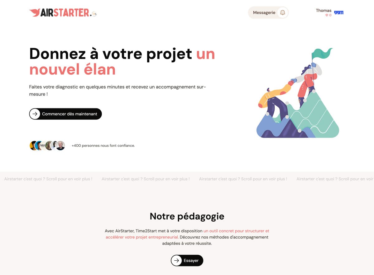 Page d'accueil de la plateforme Time2Start, après la refonte