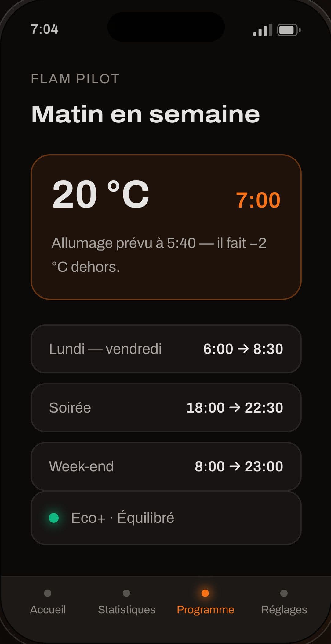 Flam : programme Flam Pilot "Matin en semaine", avec l'objectif de 20 °C à 7:00 et les plages de la semaine