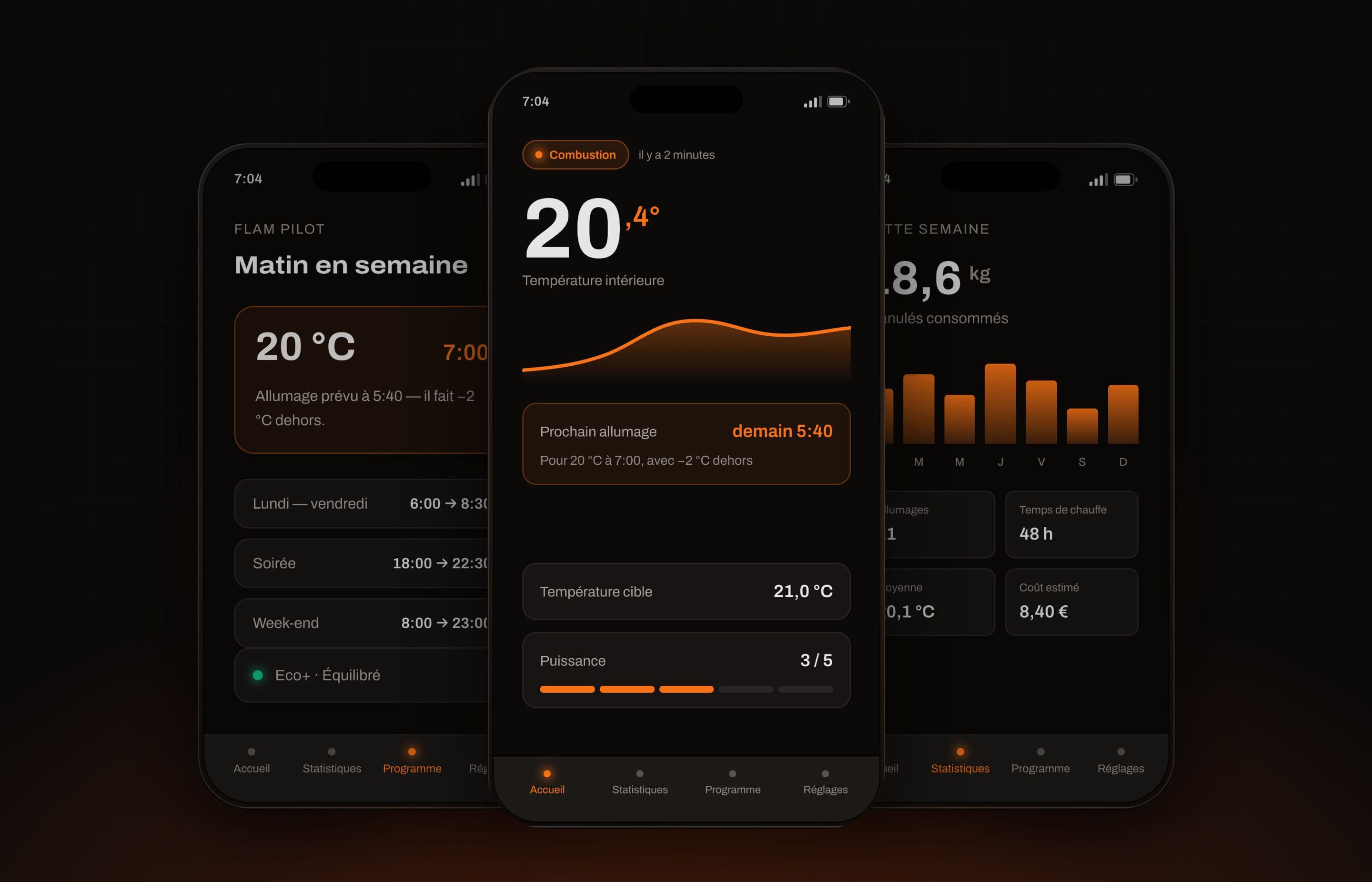 Flam : trois écrans de l'application, l'accueil entouré du programme Flam Pilot et des statistiques de la semaine