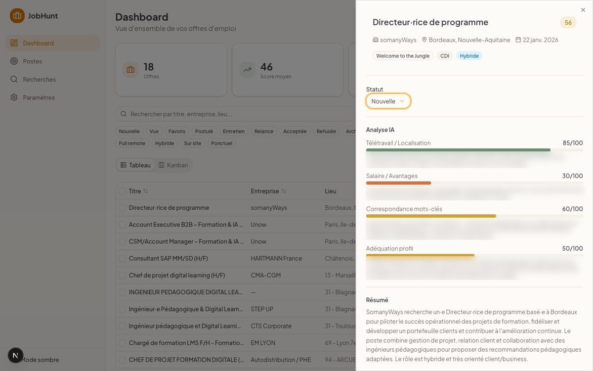 Job Hunt : tableau de bord des offres