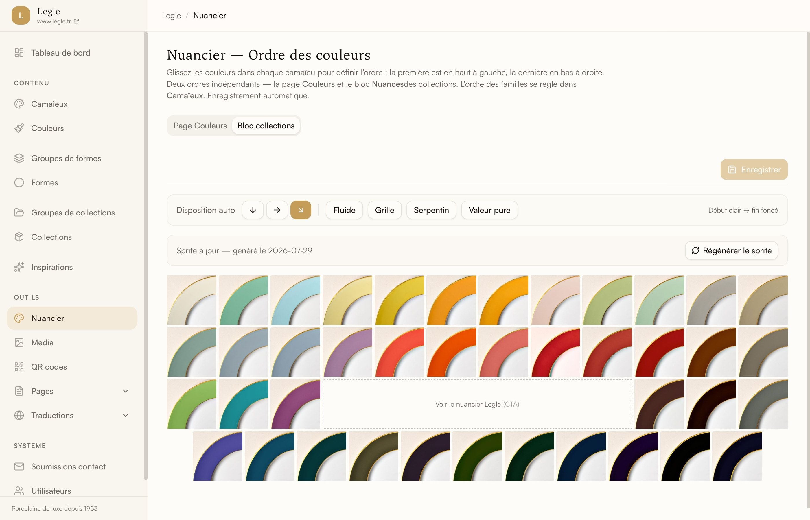Legle Porcelaine, administration : réglage de l'ordre des couleurs du nuancier