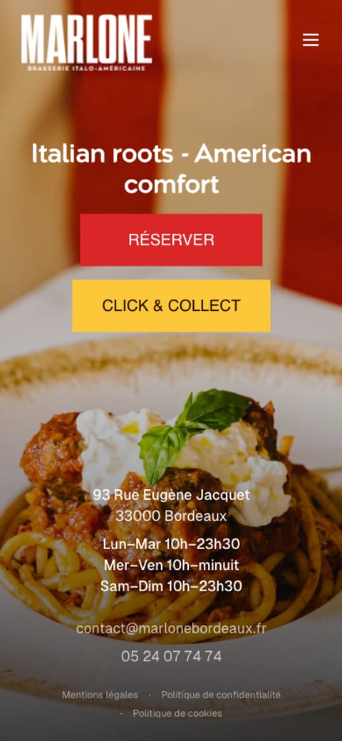 Marlone : page d'accueil sur mobile, réservation et click & collect