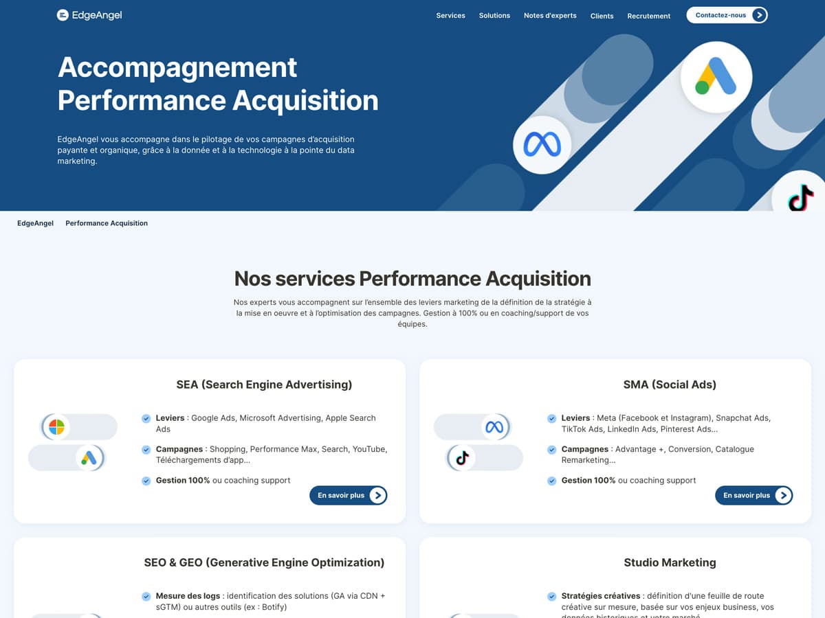 Page de service d'Edge Angel après la refonte : les offres présentées en cartes