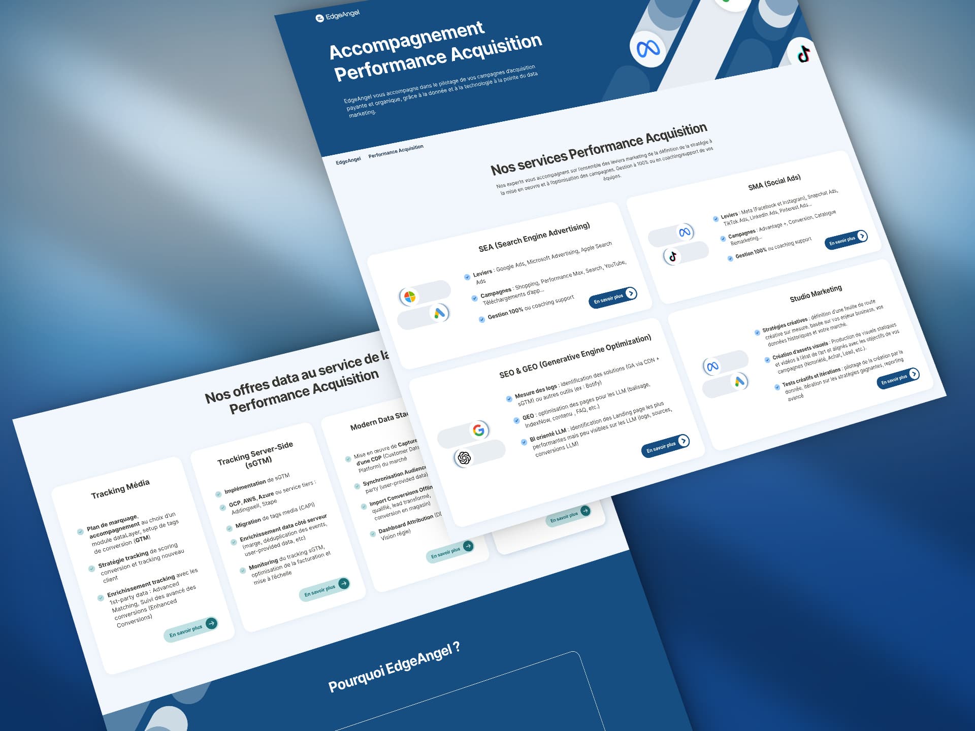 Edge Angel : page de service, avec ses blocs de services et d'offres