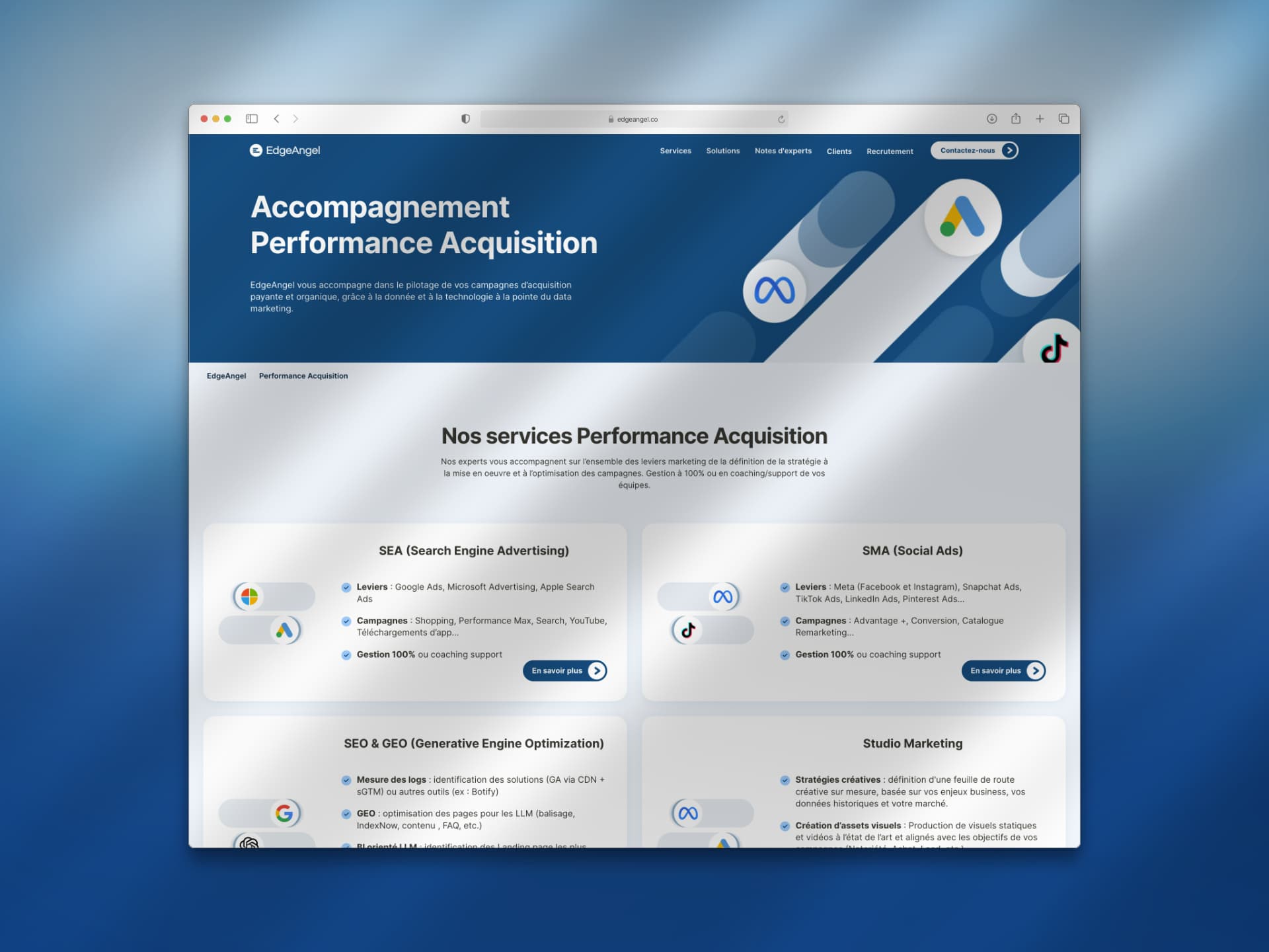 Edge Angel : page Performance Acquisition aux couleurs du cabinet, avec ses cartes de services