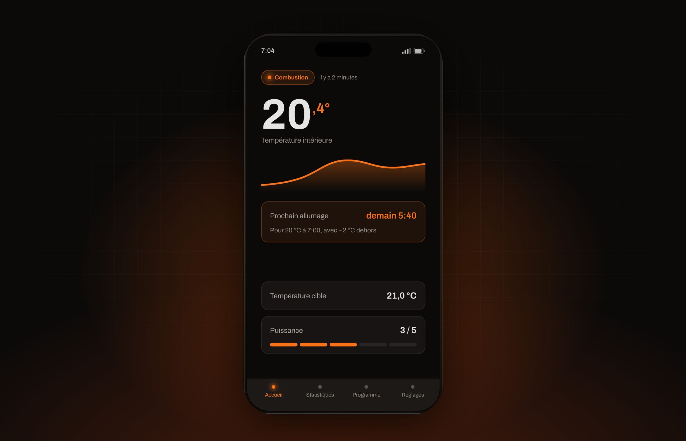 Flam : écran d'accueil de l'application, avec la température intérieure, la courbe de chauffe et le prochain allumage