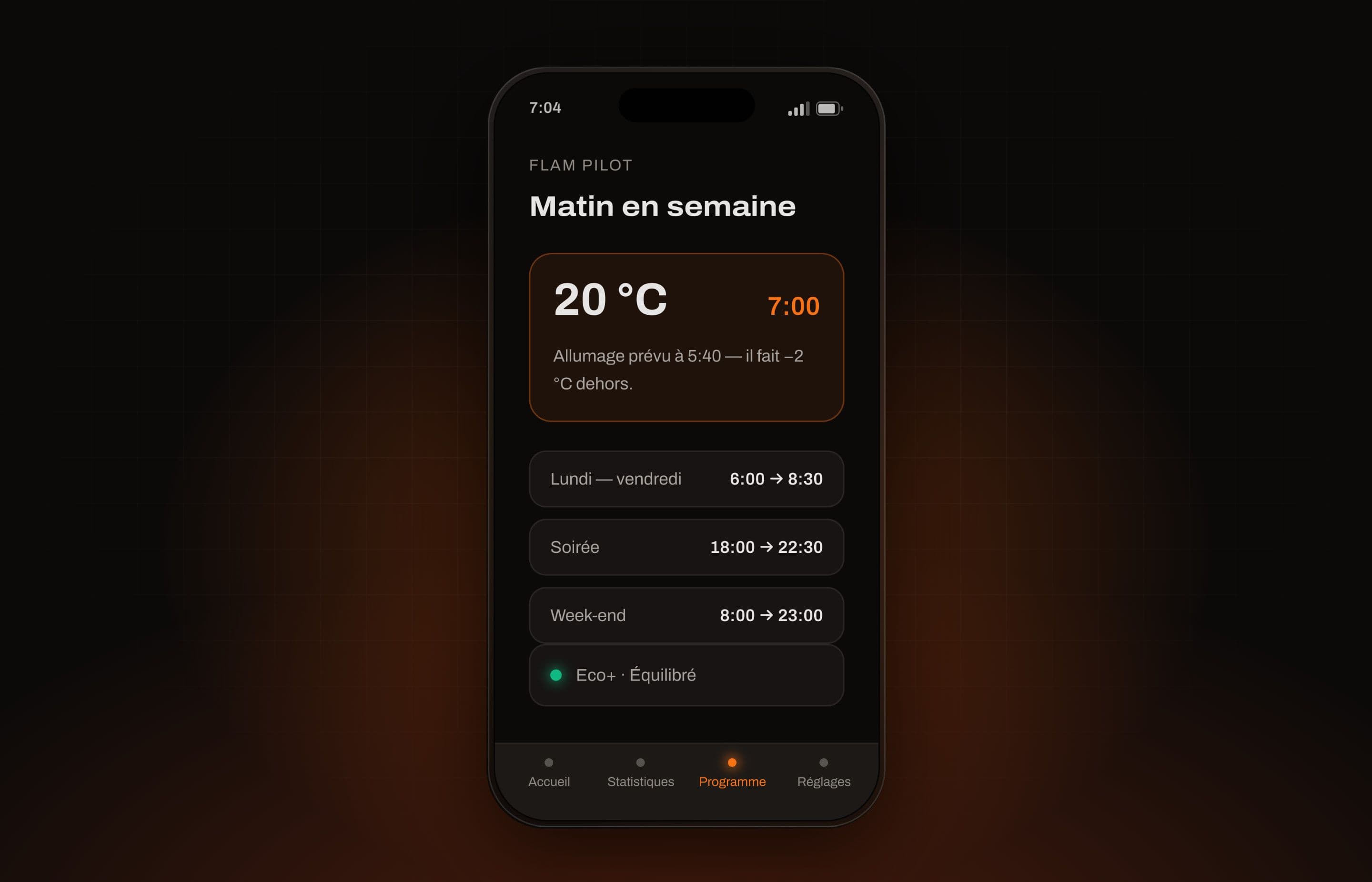 Flam : programme Flam Pilot "Matin en semaine", avec l'objectif de 20 °C à 7:00 et les plages de la semaine