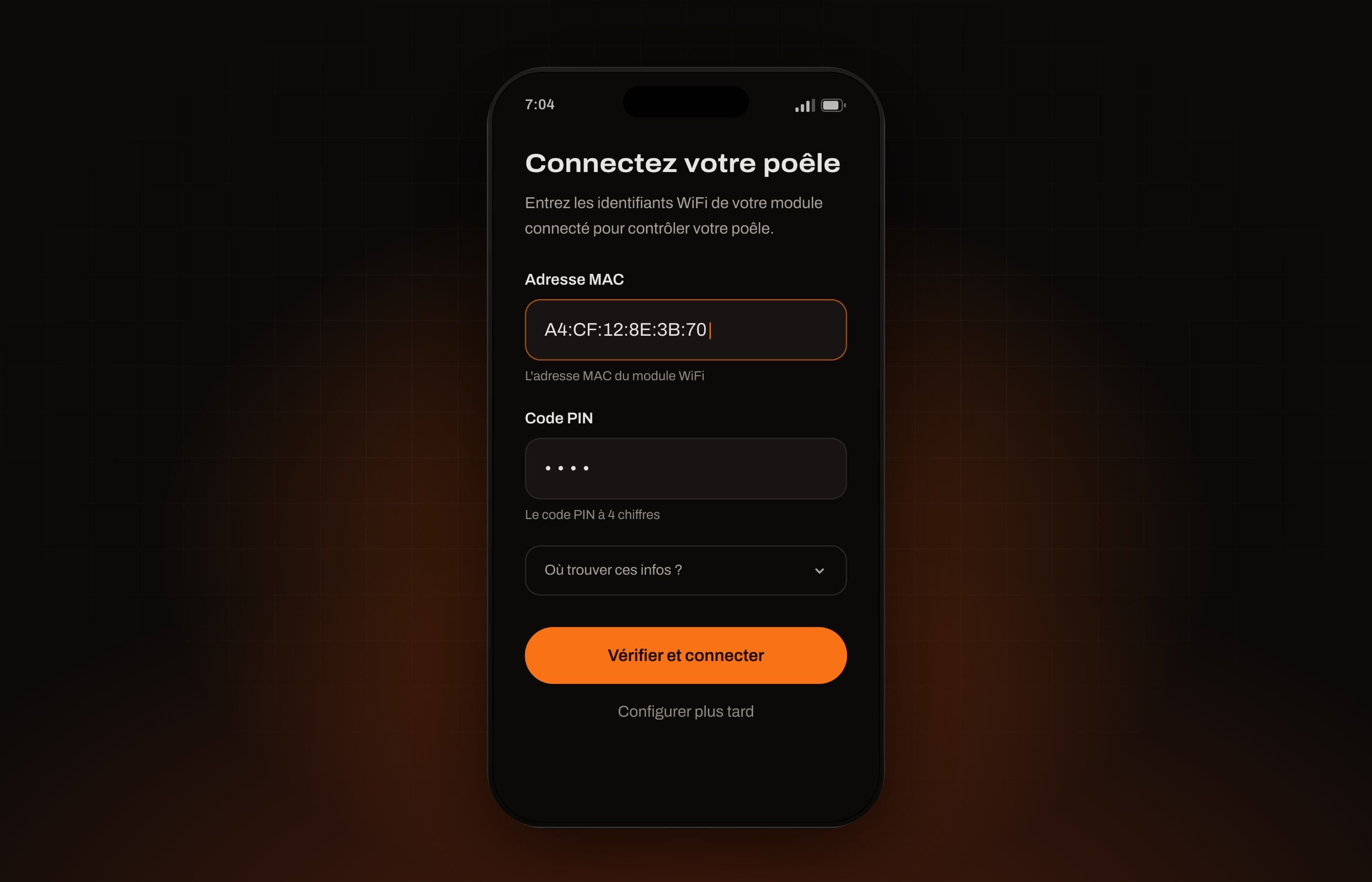Flam : écran de connexion du poêle, avec l'adresse MAC et le code PIN du module WiFi