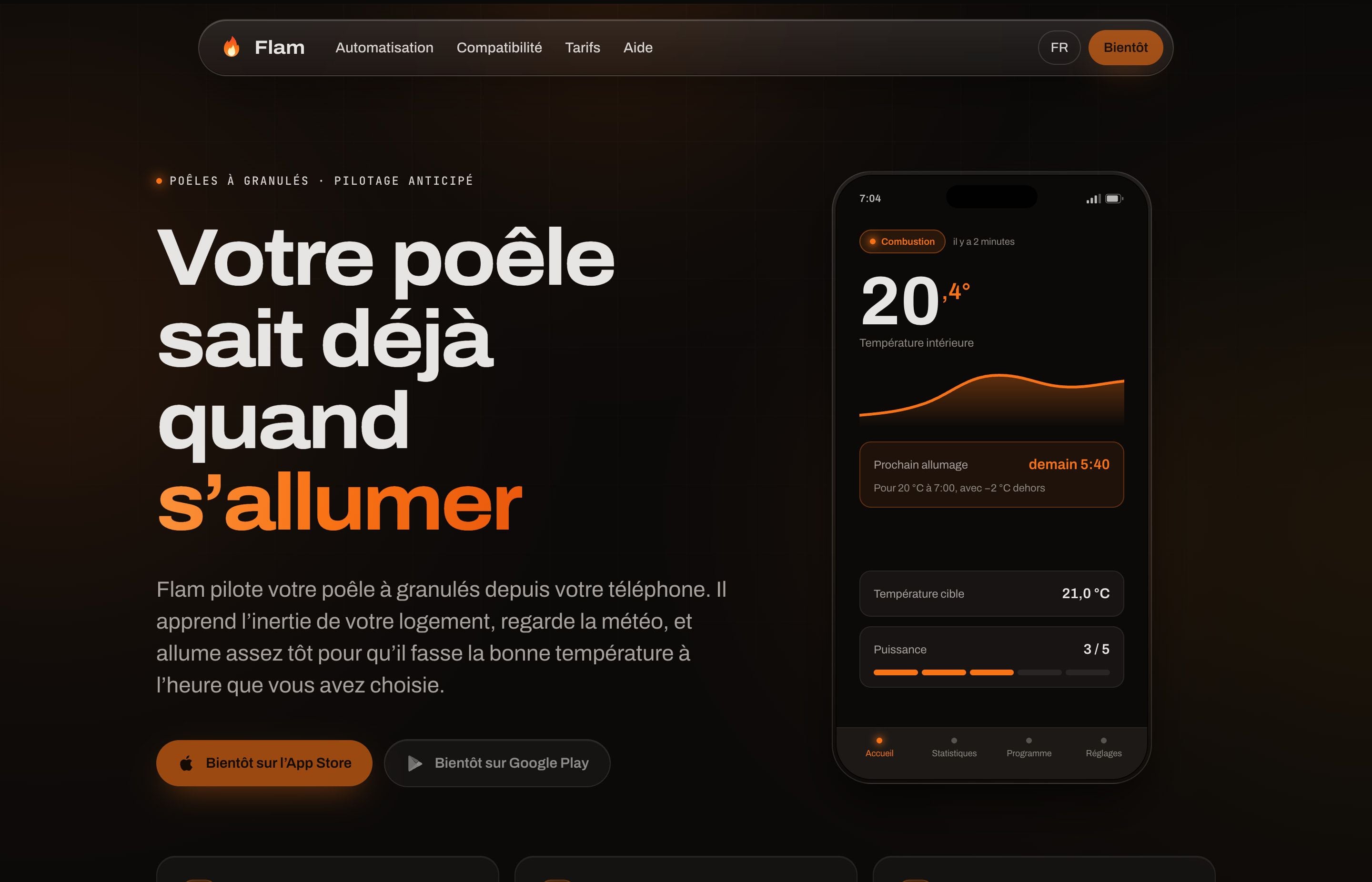 Flam : page d'accueil du site getflam.app, "Votre poêle sait déjà quand s'allumer"