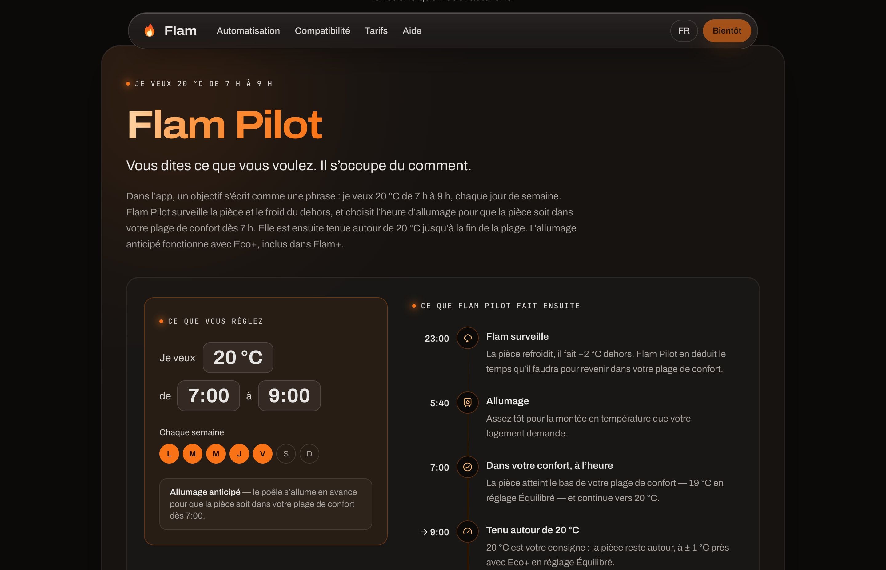 Flam : section Flam Pilot du site, de l'objectif réglé dans l'application aux étapes de chauffe