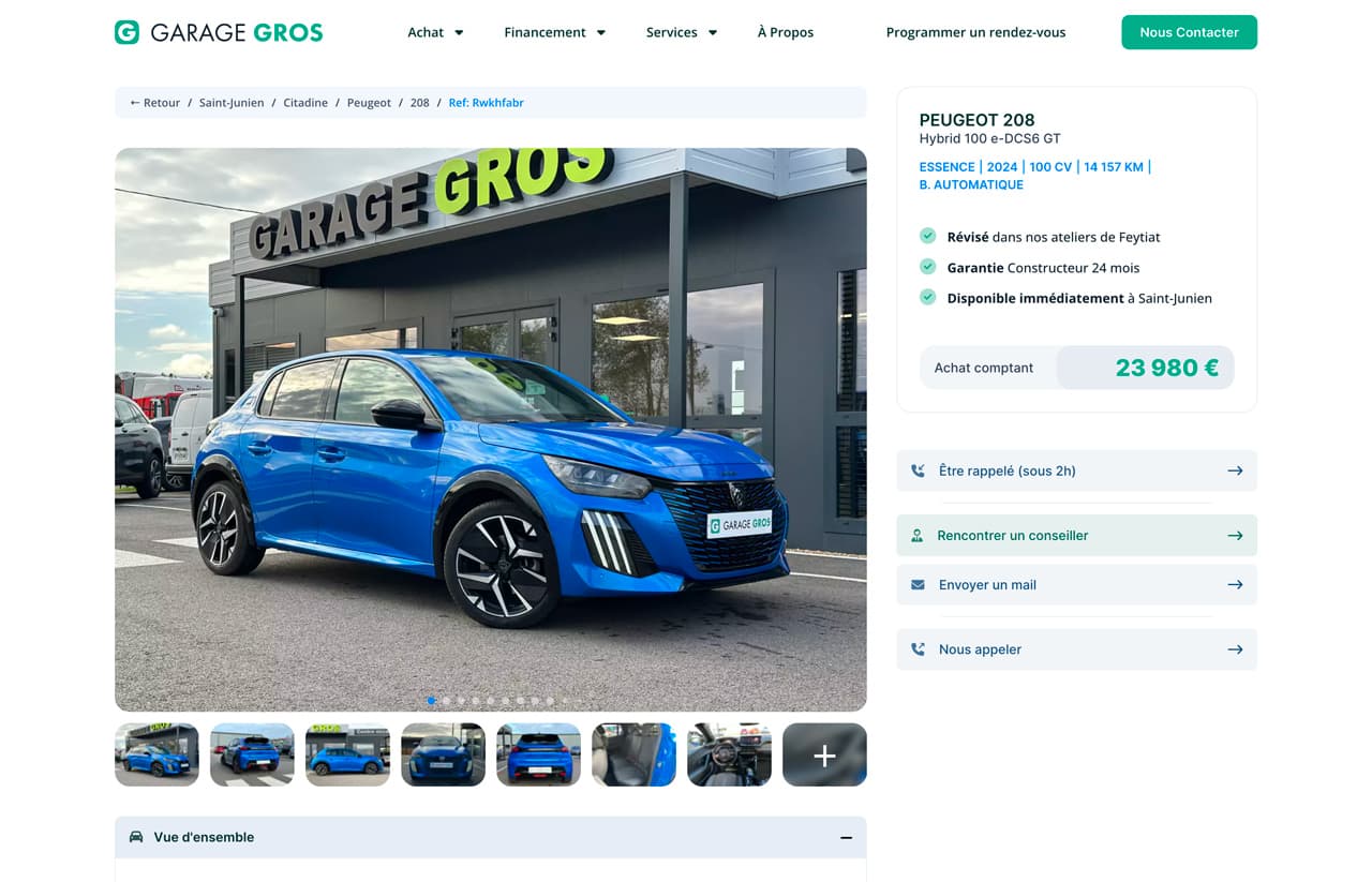 Fiche véhicule de Garage Gros, après la refonte